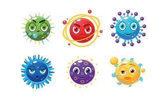 Collection of colorful fantasy planets characters, cute spheres with funny faces, user interface assets for mobile apps or games Illustration vector