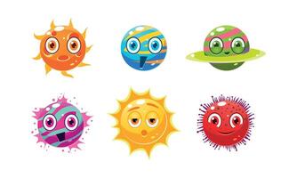 Collection of colorful fantasy planets characters, spheres with funny faces, user interface assets for mobile apps or games Illustration vector