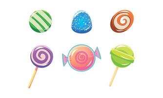 Colorful glossy candies and lollipops set, sweets of different shapes, user interface assets for mobile apps or games Illustration vector