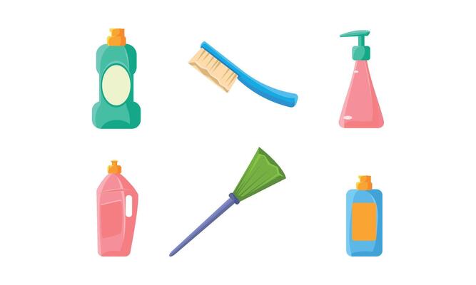 Plastic bottles of cleaning products, broom, brush, household chemicals and tools Illustration