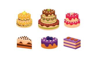 Collection of cakes set, various delicious confection desserts with fruits and berries Illustration vector