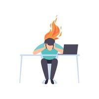 Exhausted tired man sitting at his working place with computer in office, businessman with burning brain, emotional burnout concept vector