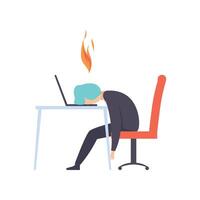 Overworked exhausted man sitting at his working place with computer in office, businessman with burning brain, emotional burnout concept vector
