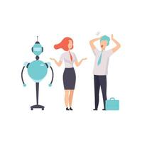 Hiring people or robots, android and man competition for a job, office worker fired from job, Illustration vector