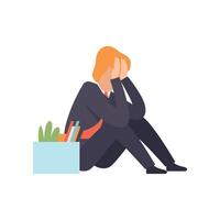 Sad business man dismissed from work, man sitting on the floor with a box of personal belongings, office worker fired from job, unemployed man Illustration vector