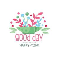 Good Day, Happy Time logo, design element can be used for print, card, banner, poster, invitation, colorful label with flowers Illustration vector
