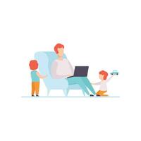 Father Working on Laptop Computer While Sitting on Sofa at Home, His Sons Playing Next to Him, Freelancer, Parent Working with Children, Illustratio vector