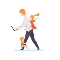 Dad Working on Laptop Computer While Kids Playinh with Him, Freelancer, Parent Working with Children, Business Father Illustration vector