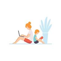 Young Mother Lying on Floor and Working on Laptop Computer, Her Son Sitting Next to Her and Reading, Mother and Son Seated Back to Back, Freelancer, Parent Working with Child Illustration vector