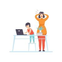 Nervous Young Mother Trying to Work at Home at Computer, Freelancer, Parent Working with Children, Kid Playing at Parent Office Illustration vector