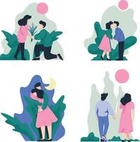 Man and Woman Walking, Embracing and Kissing on Nature Set, Romantic Couple, Happy Lovers on Date Illustration vector