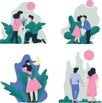 Man and Woman Walking, Embracing and Kissing on Nature Set, Romantic Couple, Happy Lovers on Date Illustration