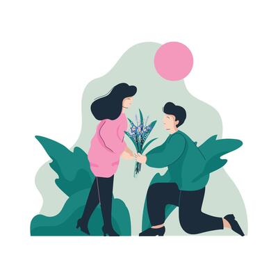 Bearded man giving a bouquet of flowers to a happy woman, romantic couple walking in the Park, happy lovers on date illustration