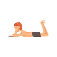 Young Man Lying on His Stomach Wearing Shorts and Reading Book, Guy Spending Weekend at Home and Relaxing, Rest at Home Illustration vector