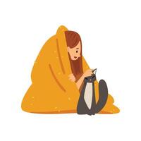 Girl Sitting on Floor Under Blanket and Stroking Cat, Young Woman Spending Weekend at Home and Relaxing, Rest at Home Illustratio vector