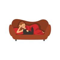 Girl Lying on Couch Under Blanket and Stroking Cat, Young Woman Spending Weekend at Home and Relaxing, Rest at Home Illustration vector