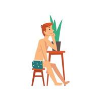 Young Man Sitting at Small Table and Dreaming, Guy Spending Weekend at Home and Relaxing, Rest at Home Illustration vector