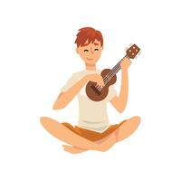 Young Man Sitting on Floor and Playing Ukulele, Guy Spending Weekend at Home and Relaxing, Rest at Home Illustration vector