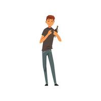 Drunk Man Standing with Bottle of Alcohol Drink, Side View Illustration vector