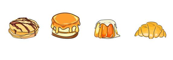 Colorful goldish dessert set in line style. Doodle design for your project. Cute food in cartoon style. Croissant, pancake and cake with topping. Pudding panna cotta with cream. vector