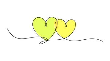 Two hearts symbol from continuous one line drawing with heart shape spot. Love couple icon. Two hearts become one heart concept for design element. vector