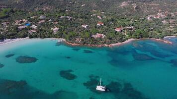 Aerial view of a turquoise bay in Sardinia, Italy, with lush greenery, luxurious villas, and visible rocky formations beneath clear waters. video