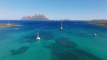 Crystal clear turquoise waters and lush green coastline of Sardinia with Tavolara Island in the background. Sailboats anchored in a serene bay. video