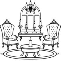 A black and white drawing of a living room with chairs and a table vector