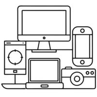 A line drawing of a computer, phone, and camera vector