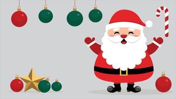 Cheerful Santa with Christmas Ornaments isolated background. Surrounding him are simple Christmas ornaments like red and green baubles, a golden star, and a candy cane vector