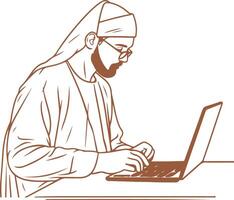 Vintage outline Professional muslim guy uses technology to work efficiently in the office vector