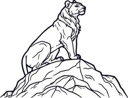 The lioness perched on top of the mountain looking into the distance vector
