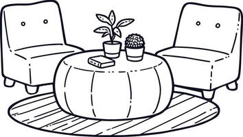A drawing of two chairs and a table with a plant vector