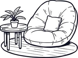 A black and white drawing of a chair and table vector