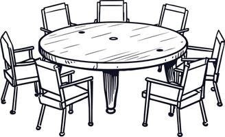 A sketch of a casual meeting space with a round table and 7 chairs vector