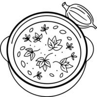A bowl of soup with leaves on it coloring page vector