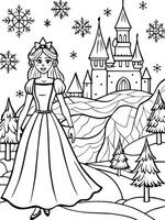 A princess coloring page with a castle and snow vector