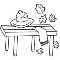 A coloring page with a hat and scarf on a bench vector
