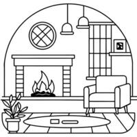 A black and white drawing of a living room with a fireplace vector
