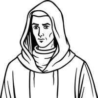 A monk in a hooded robe coloring page vector