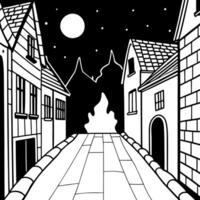 A black and white drawing of a street at night vector