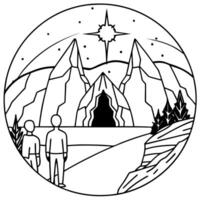 A black and white drawing of a man and woman standing in front of a mountain vector