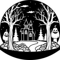 Halloween house in the woods with pumpkins and trees vector
