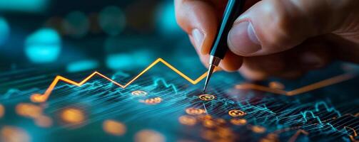 Hand analyzing financial data with digital graphs. photo