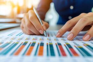 Person analyzing financial data with charts and graphs. photo