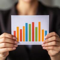 Businesswoman holding a colorful bar chart for presentation. photo