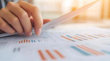 Person analyzing data on tablet with graphs on paper photo