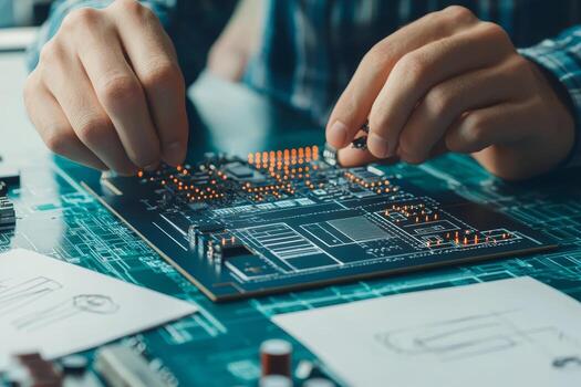 Hands assembling a circuit board with electronic components. photo