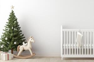 Cozy nursery with Christmas tree and rocking horse. photo