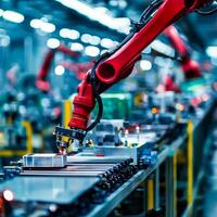 Robotic arm working on assembly line in a modern factory. photo